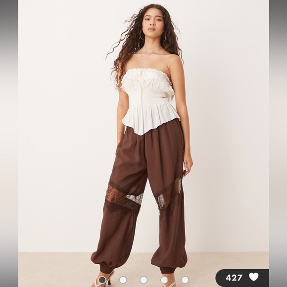ASOS DESIGN lace insert harem pants in chocolate - Picture 1 of 4